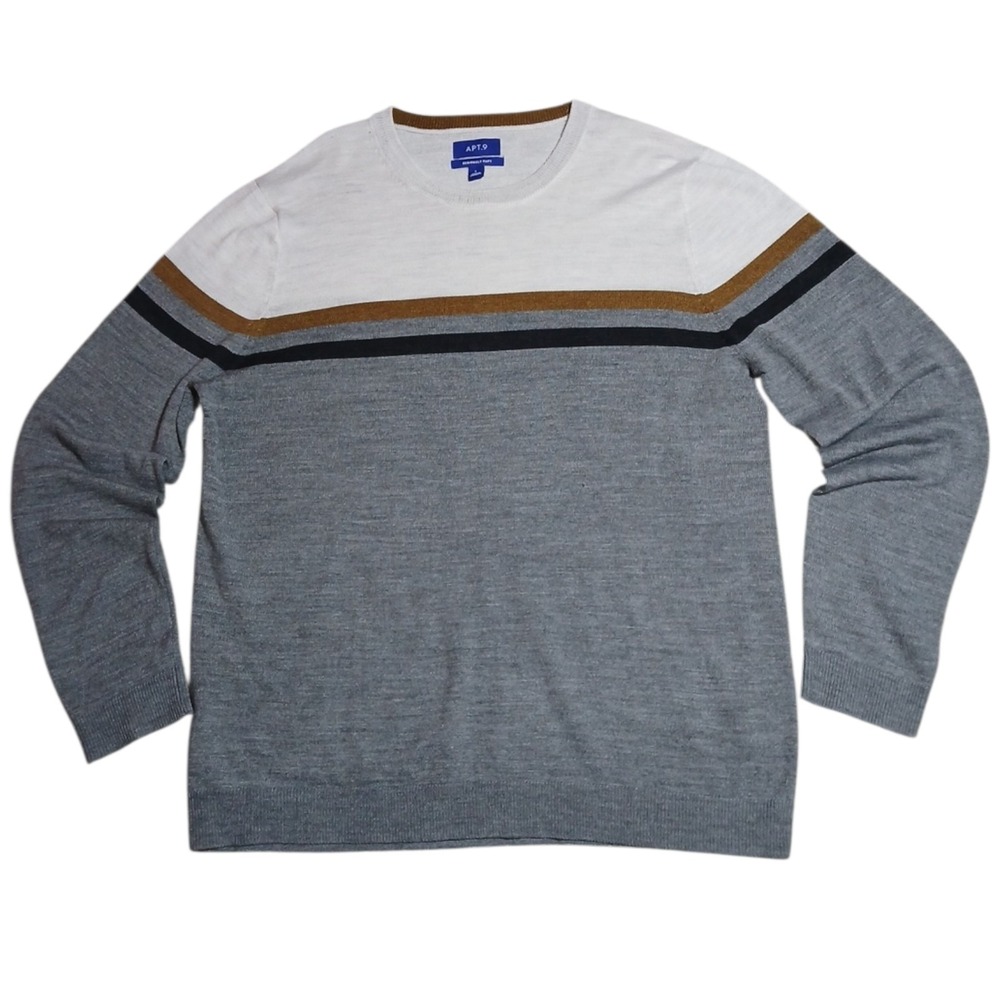 Men's Apt .9  Stretch Fabric Long Sleeve  Pullover Gray And White Sweater Size L